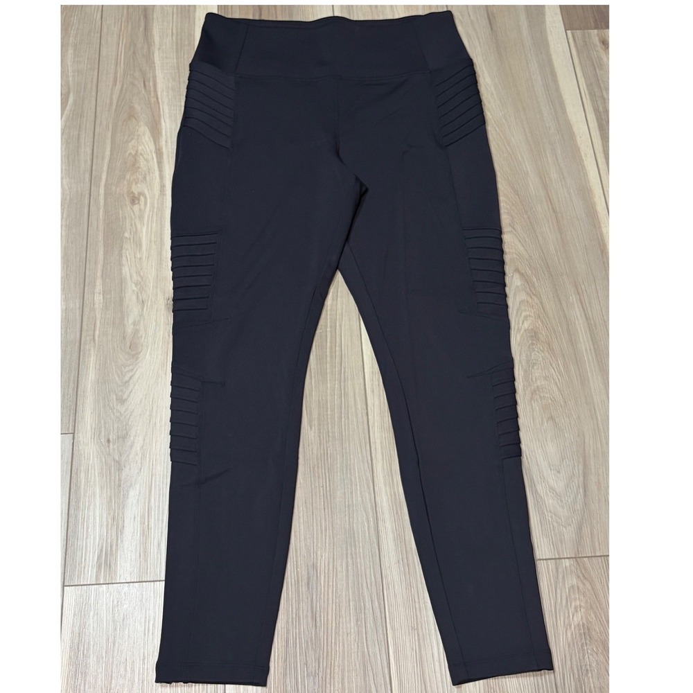 Athleta Delancey Moto Tight Black Ribbed Ankle Zip Leggings 598323 Womens Large